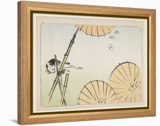 Bamboo, Umbrellas, a Cat and Butterflies, C. 1877-Shibata Zeshin-Framed Premier Image Canvas