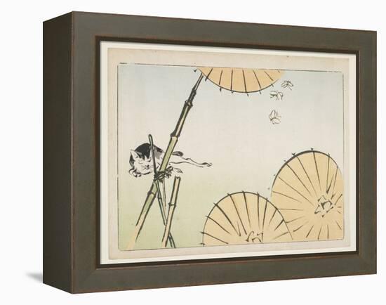 Bamboo, Umbrellas, a Cat and Butterflies, C. 1877-Shibata Zeshin-Framed Premier Image Canvas