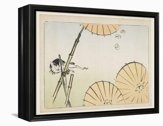 Bamboo, Umbrellas, a Cat and Butterflies, C. 1877-Shibata Zeshin-Framed Premier Image Canvas