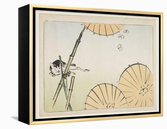 Bamboo, Umbrellas, a Cat and Butterflies, C. 1877-Shibata Zeshin-Framed Premier Image Canvas