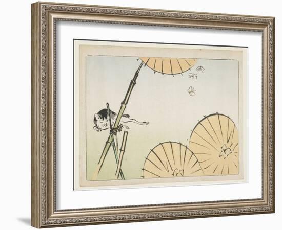 Bamboo, Umbrellas, a Cat and Butterflies, C. 1877-Shibata Zeshin-Framed Giclee Print