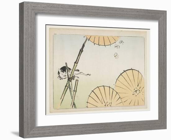 Bamboo, Umbrellas, a Cat and Butterflies, C. 1877-Shibata Zeshin-Framed Giclee Print