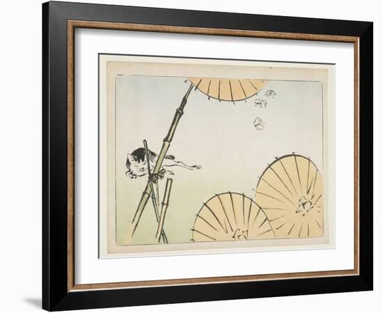 Bamboo, Umbrellas, a Cat and Butterflies, C. 1877-Shibata Zeshin-Framed Giclee Print