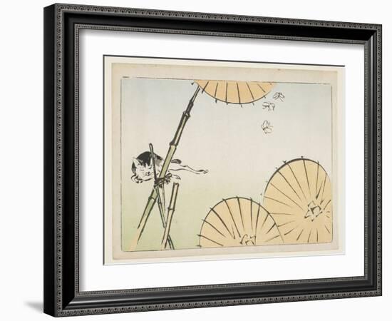 Bamboo, Umbrellas, a Cat and Butterflies, C. 1877-Shibata Zeshin-Framed Giclee Print