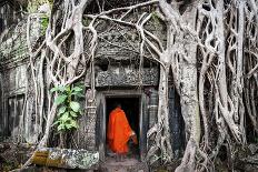 Monk in Angkor Wat Cambodia. Ta Prohm Khmer Ancient Buddhist Temple in Jungle Forest. Famous Landma-Banana Republic images-Photographic Print