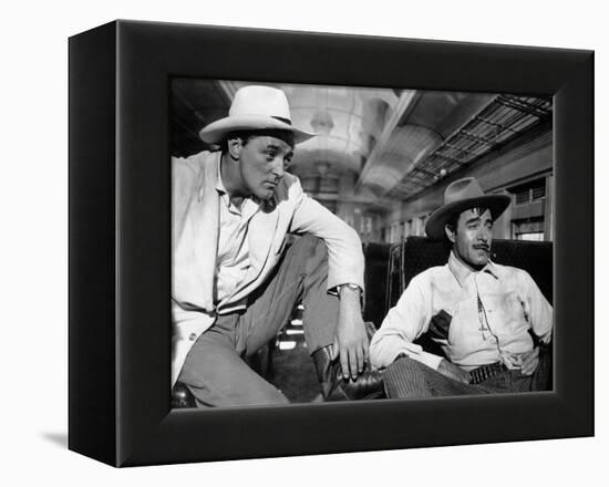 Bandido caballero by Richard Fleischer with Robert Mitchum and Gilbert Roland, 1956 (b/w photo)-null-Framed Stretched Canvas