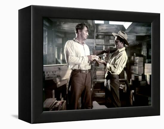 Bandido caballero by Richard Fleischer with Robert Mitchum and Gilbert Roland, 1956 (photo)-null-Framed Stretched Canvas