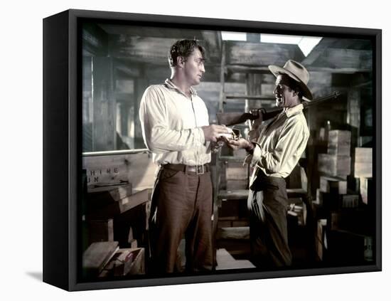 Bandido caballero by Richard Fleischer with Robert Mitchum and Gilbert Roland, 1956 (photo)-null-Framed Stretched Canvas