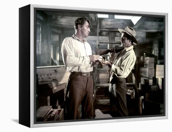 Bandido caballero by Richard Fleischer with Robert Mitchum and Gilbert Roland, 1956 (photo)-null-Framed Stretched Canvas