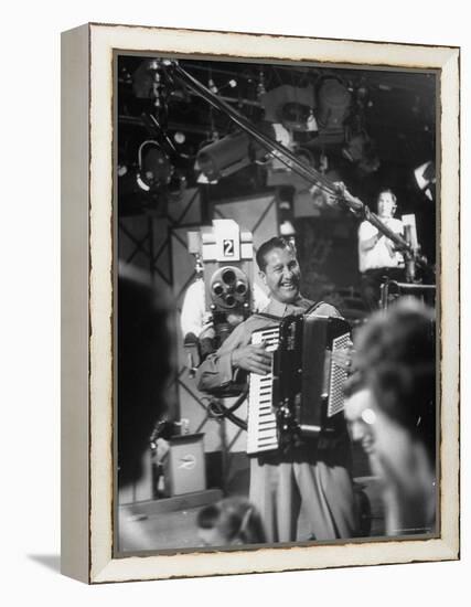 Bandleader Lawrence Welk Playing Accordion Amidst Cameramen on the Set of Weekly TV Show-Allan Grant-Framed Premier Image Canvas