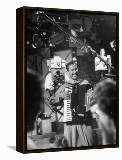 Bandleader Lawrence Welk Playing Accordion Amidst Cameramen on the Set of Weekly TV Show-Allan Grant-Framed Premier Image Canvas