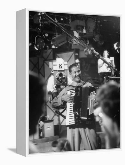 Bandleader Lawrence Welk Playing Accordion Amidst Cameramen on the Set of Weekly TV Show-Allan Grant-Framed Premier Image Canvas