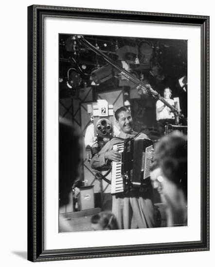 Bandleader Lawrence Welk Playing Accordion Amidst Cameramen on the Set of Weekly TV Show-Allan Grant-Framed Premium Photographic Print