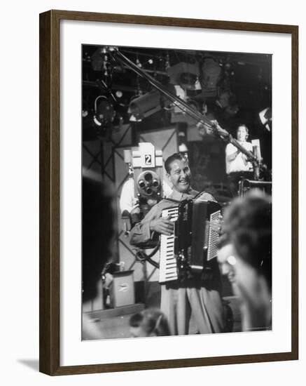 Bandleader Lawrence Welk Playing Accordion Amidst Cameramen on the Set of Weekly TV Show-Allan Grant-Framed Premium Photographic Print