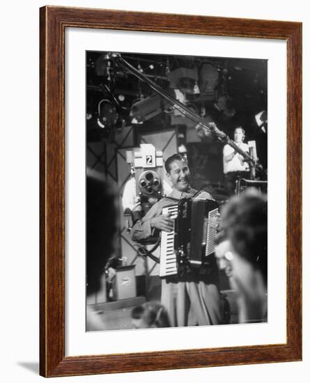 Bandleader Lawrence Welk Playing Accordion Amidst Cameramen on the Set of Weekly TV Show-Allan Grant-Framed Premium Photographic Print