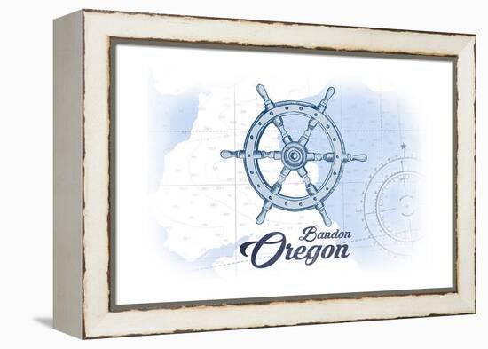 Bandon, Oregon - Ship Wheel - Blue - Coastal Icon-Lantern Press-Framed Stretched Canvas