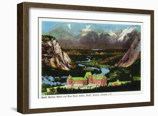 Banff, Alberta, Canada, Panoramic View of Banff Springs Hotel and Bow River Valley-Lantern Press-Framed Art Print