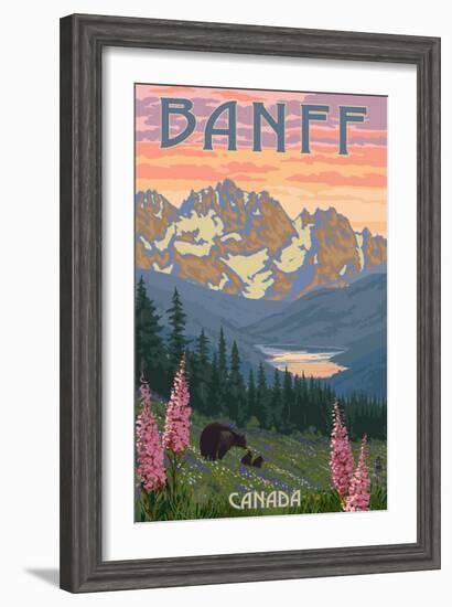 Banff, Canada - Bear and Spring Flowers-Lantern Press-Framed Premium Giclee Print