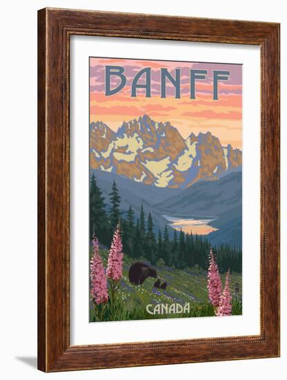 Banff, Canada - Bear and Spring Flowers-Lantern Press-Framed Premium Giclee Print
