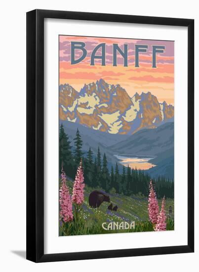 Banff, Canada - Bear and Spring Flowers-Lantern Press-Framed Premium Giclee Print