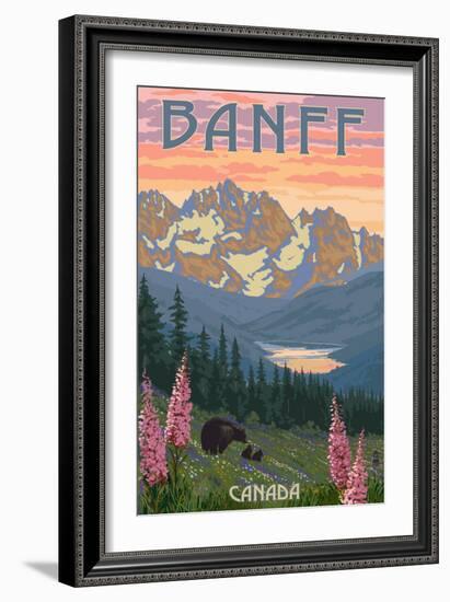 Banff, Canada - Bear and Spring Flowers-Lantern Press-Framed Premium Giclee Print