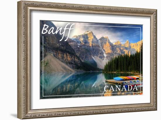 Banff, Canada - Moraine Lake Canoes-Lantern Press-Framed Art Print