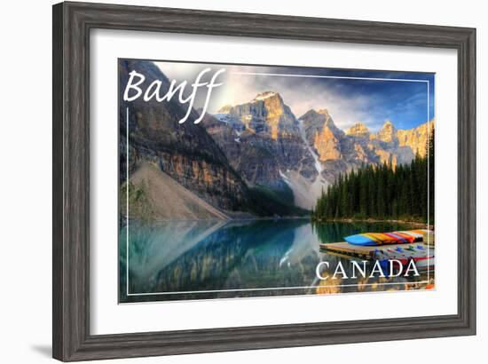 Banff, Canada - Moraine Lake Canoes-Lantern Press-Framed Art Print