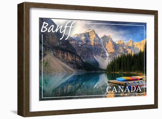 Banff, Canada - Moraine Lake Canoes-Lantern Press-Framed Art Print