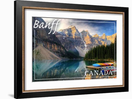 Banff, Canada - Moraine Lake Canoes-Lantern Press-Framed Art Print