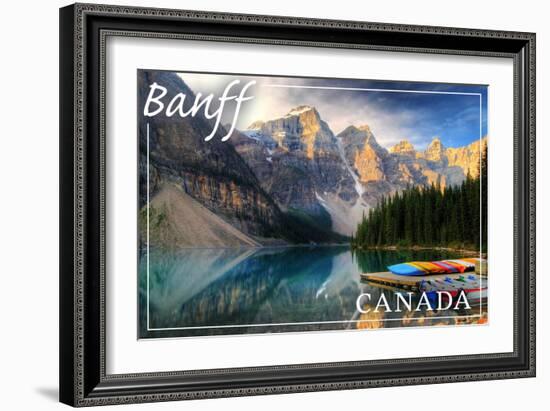 Banff, Canada - Moraine Lake Canoes-Lantern Press-Framed Art Print