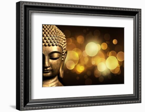 Bangkok, Thailand. Depiction of head and face of Buddha with glowing lights-Miva Stock-Framed Photographic Print