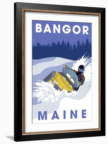 Bangor, Maine - Snowmobile Scene-Lantern Press-Framed Art Print