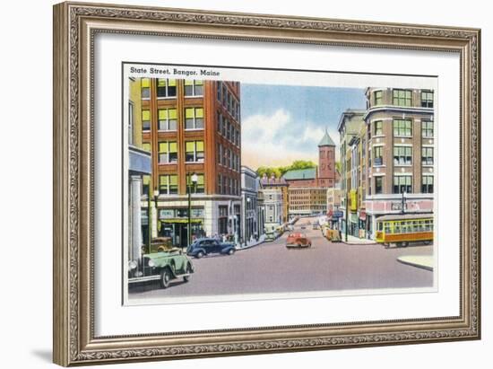 Bangor, Maine, Street Scene on State Street-Lantern Press-Framed Art Print