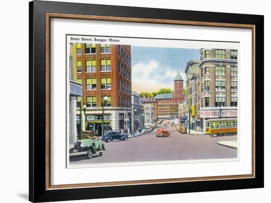 Bangor, Maine, Street Scene on State Street-Lantern Press-Framed Art Print