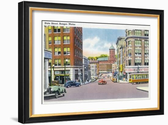 Bangor, Maine, Street Scene on State Street-Lantern Press-Framed Art Print