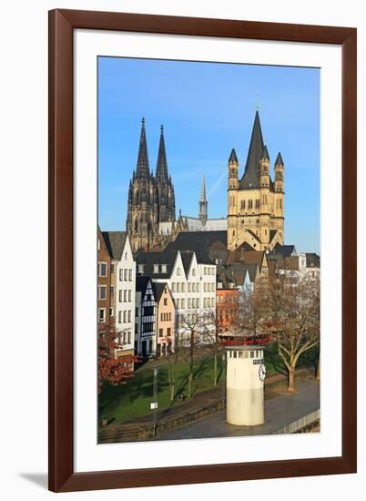 Bank of River Rhine with Gross St. Martin's Church and Cathedral, Cologne, North Rhine-Westphalia, -Hans-Peter Merten-Framed Photographic Print