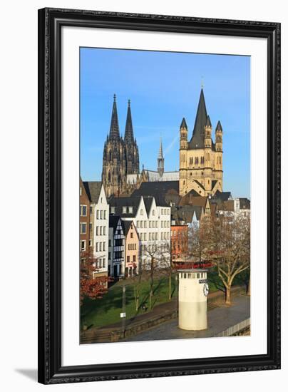 Bank of River Rhine with Gross St. Martin's Church and Cathedral, Cologne, North Rhine-Westphalia, -Hans-Peter Merten-Framed Photographic Print