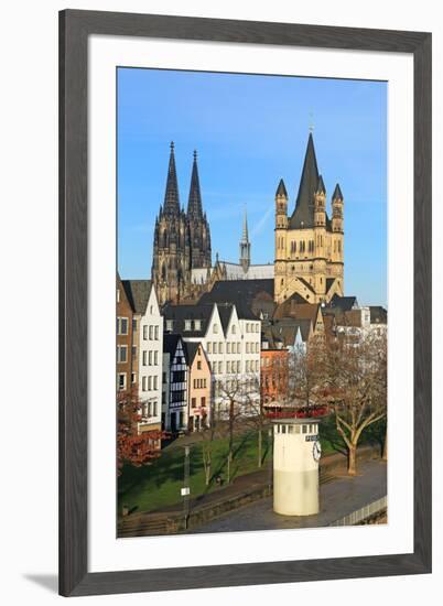 Bank of River Rhine with Gross St. Martin's Church and Cathedral, Cologne, North Rhine-Westphalia, -Hans-Peter Merten-Framed Photographic Print