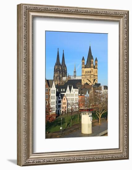 Bank of River Rhine with Gross St. Martin's Church and Cathedral, Cologne, North Rhine-Westphalia, -Hans-Peter Merten-Framed Photographic Print