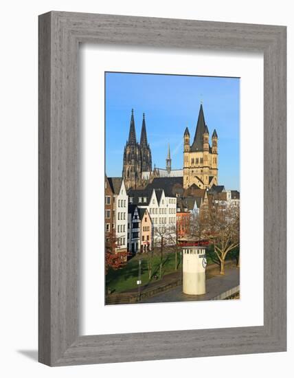 Bank of River Rhine with Gross St. Martin's Church and Cathedral, Cologne, North Rhine-Westphalia, -Hans-Peter Merten-Framed Photographic Print