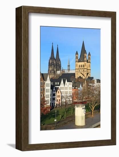 Bank of River Rhine with Gross St. Martin's Church and Cathedral, Cologne, North Rhine-Westphalia, -Hans-Peter Merten-Framed Photographic Print