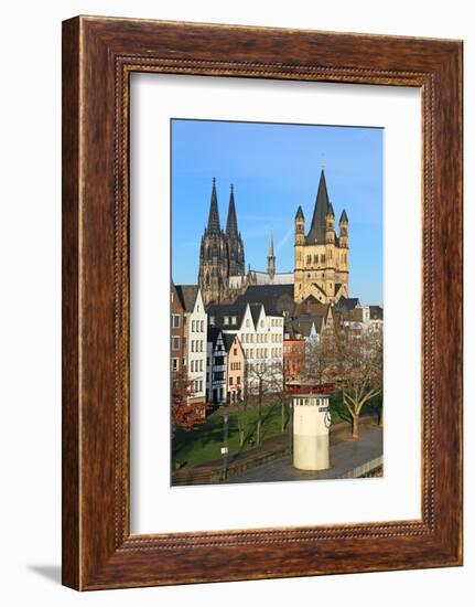 Bank of River Rhine with Gross St. Martin's Church and Cathedral, Cologne, North Rhine-Westphalia, -Hans-Peter Merten-Framed Photographic Print