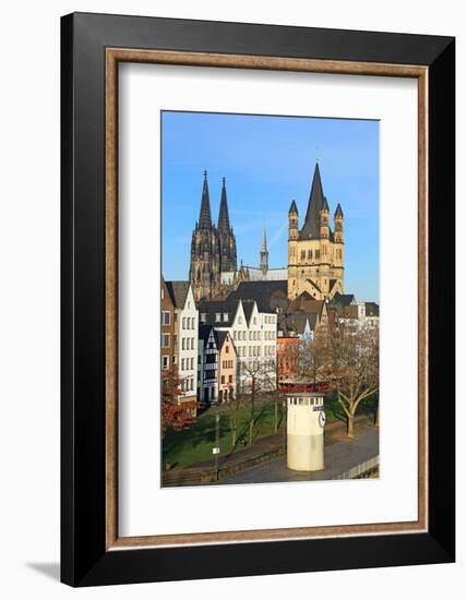 Bank of River Rhine with Gross St. Martin's Church and Cathedral, Cologne, North Rhine-Westphalia, -Hans-Peter Merten-Framed Photographic Print