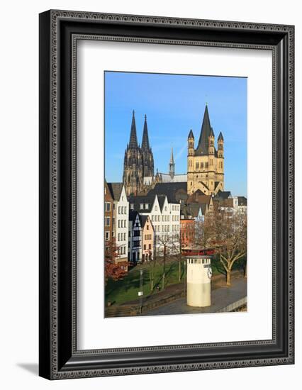 Bank of River Rhine with Gross St. Martin's Church and Cathedral, Cologne, North Rhine-Westphalia, -Hans-Peter Merten-Framed Photographic Print