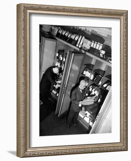 Bank Workers Filing Textile Shares in Steel Vaults at Deutches Bank-Margaret Bourke-White-Framed Photographic Print