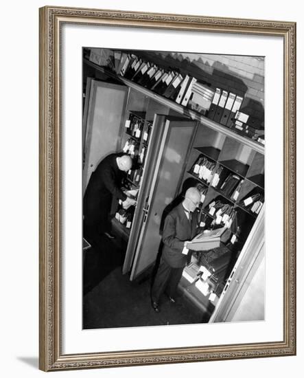 Bank Workers Filing Textile Shares in Steel Vaults at Deutches Bank-Margaret Bourke-White-Framed Photographic Print