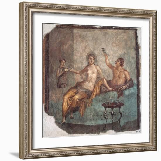 Banquet scene, Roman wall painting, from Herculaneum, 62-79 A.D. Archaeological Museum, Naples-null-Framed Art Print