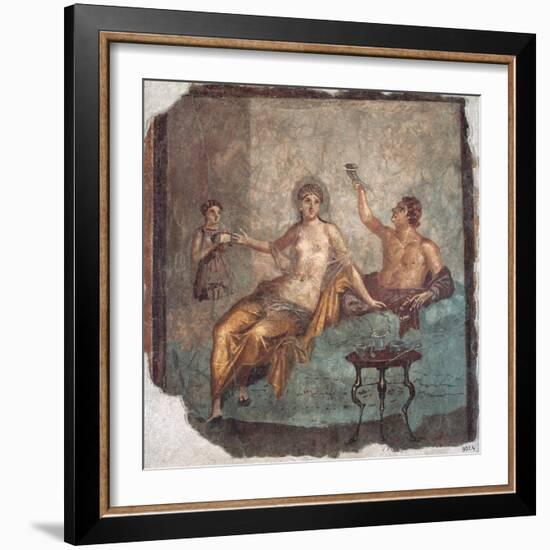 Banquet scene, Roman wall painting, from Herculaneum, 62-79 A.D. Archaeological Museum, Naples-null-Framed Art Print