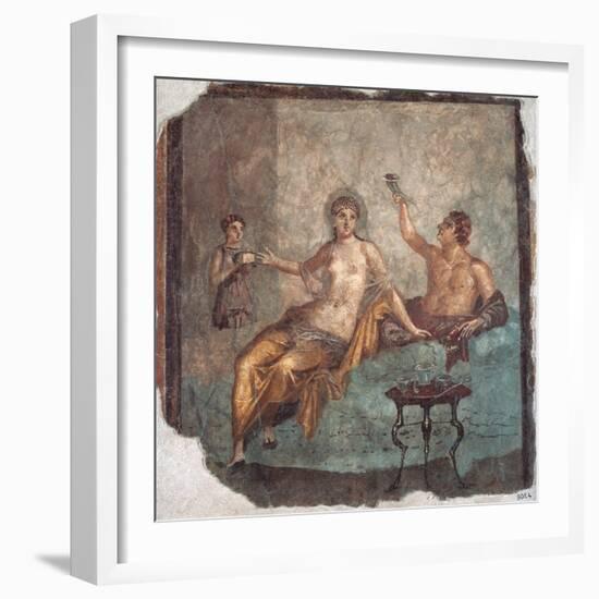 Banquet scene, Roman wall painting, from Herculaneum, 62-79 A.D. Archaeological Museum, Naples-null-Framed Art Print