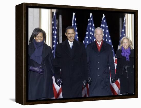 Barack Obama and the Joe Biden, Along with Their Wives, are Introduced at the War Memorial Plaza-null-Framed Premier Image Canvas